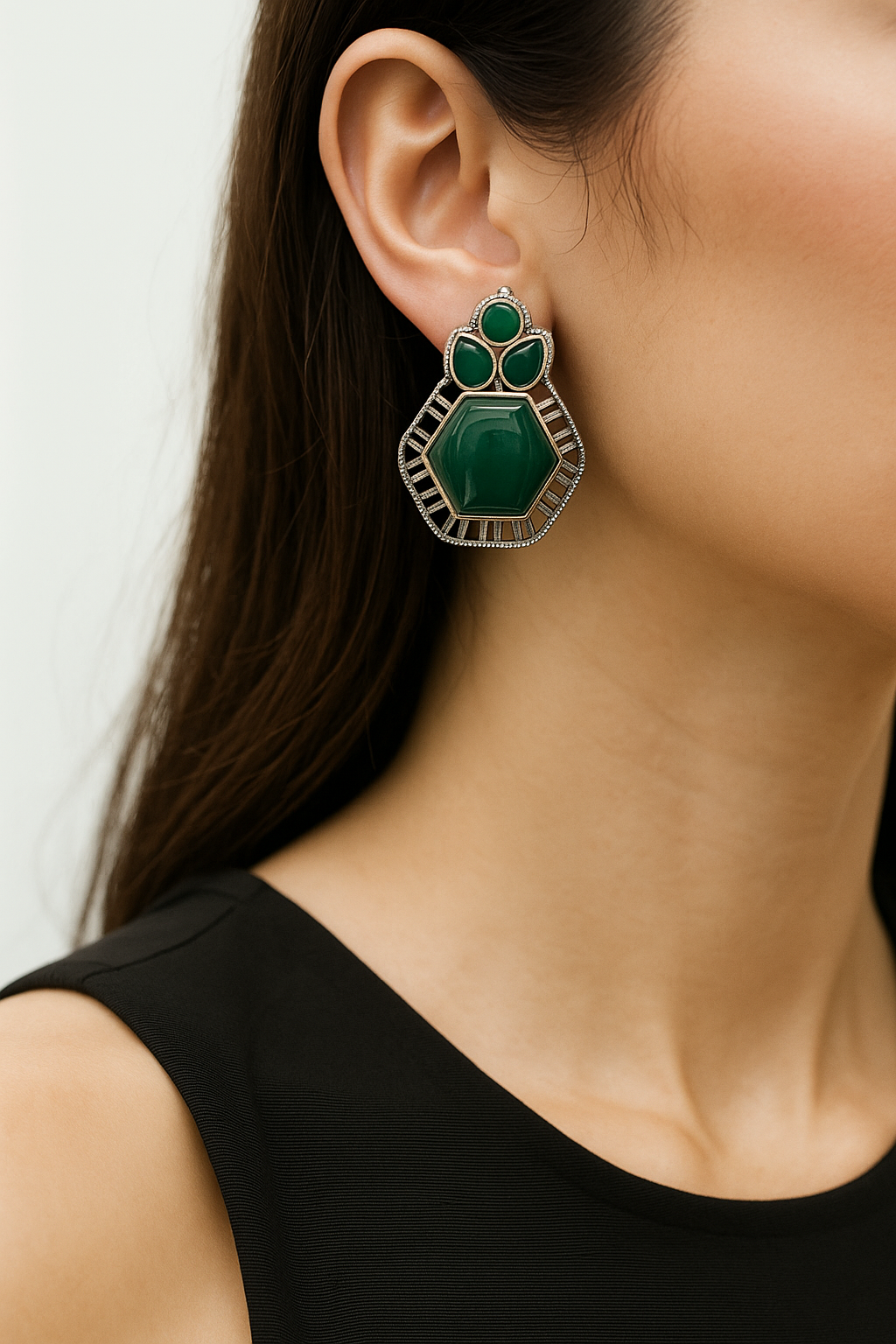 Green Stone Designer Stud Earrings – Oxidized Silver Finish